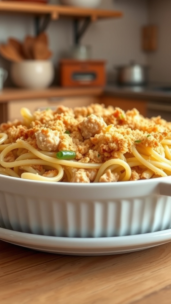 A delicious Tuna Noodle Casserole in a baking dish, topped with breadcrumbs and cheese.