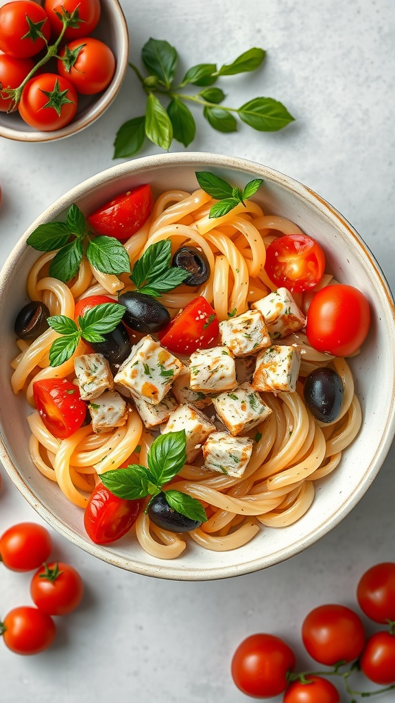 A bowl of colorful tuna pasta salad with cherry tomatoes, olives, and fresh herbs.