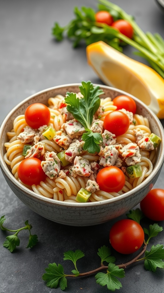 A bowl of colorful tuna pasta salad with cherry tomatoes and fresh parsley