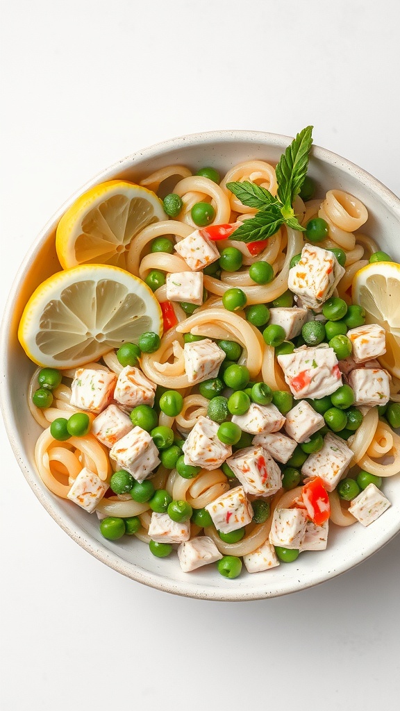 A bowl of tuna pasta salad with peas and lemon slices.