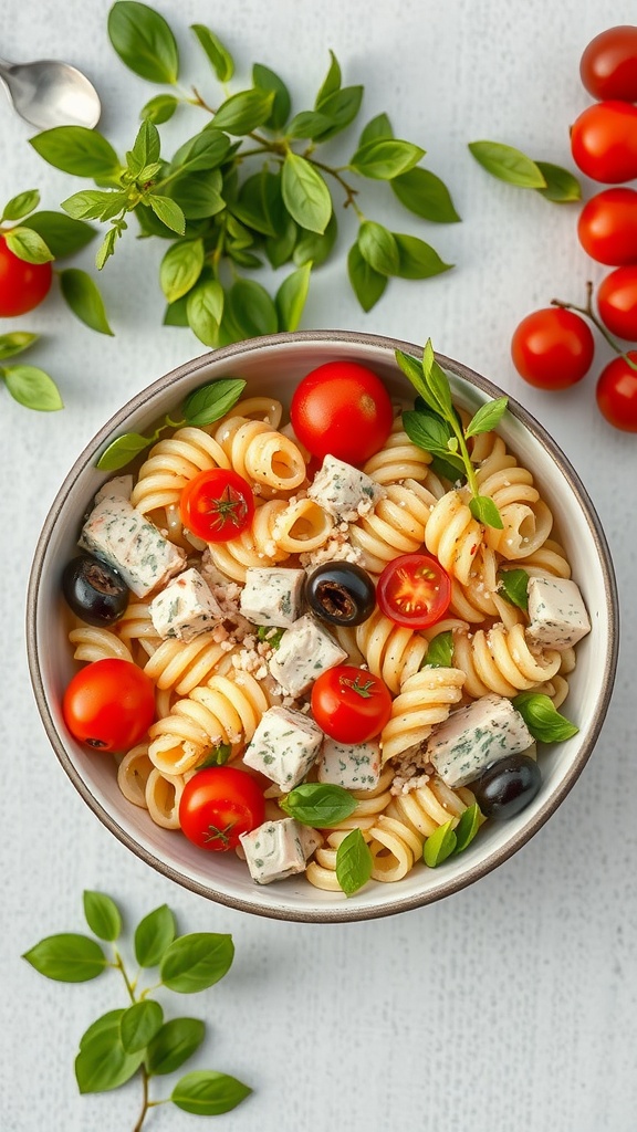 A bowl of tuna pasta salad with cherry tomatoes, olives, and fresh basil.