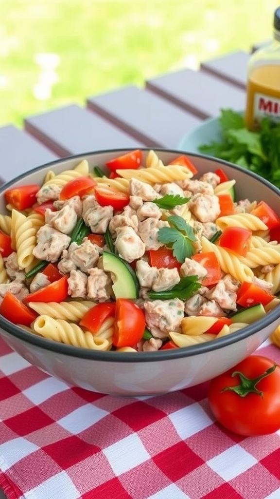 A bowl of Tuna Pasta Salad with fresh vegetables.