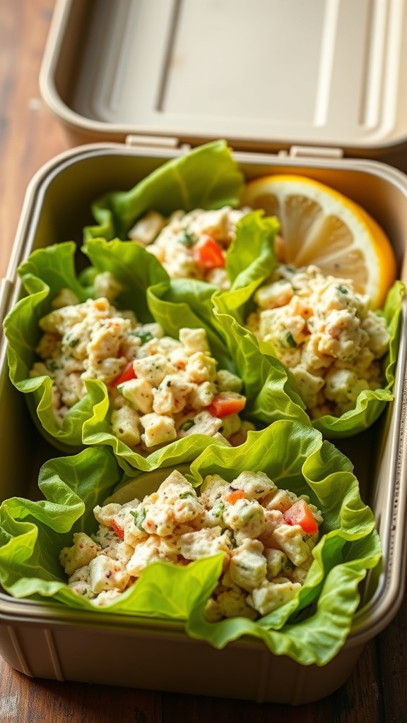 Tuna salad served in lettuce cups with lemon slices