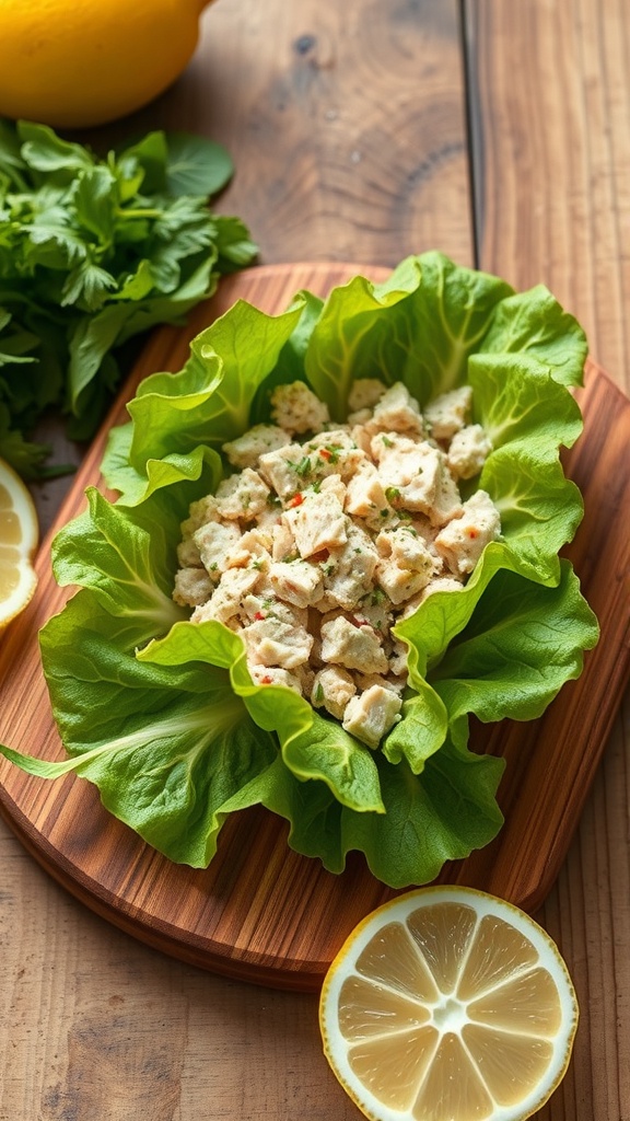 A lunchbox filled with tuna salad lettuce wraps and cucumber slices.