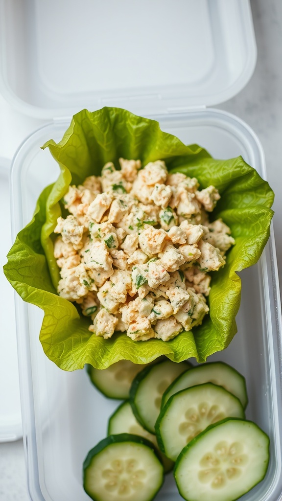 A healthy lunchbox with tuna salad in lettuce wraps and cucumber slices.
