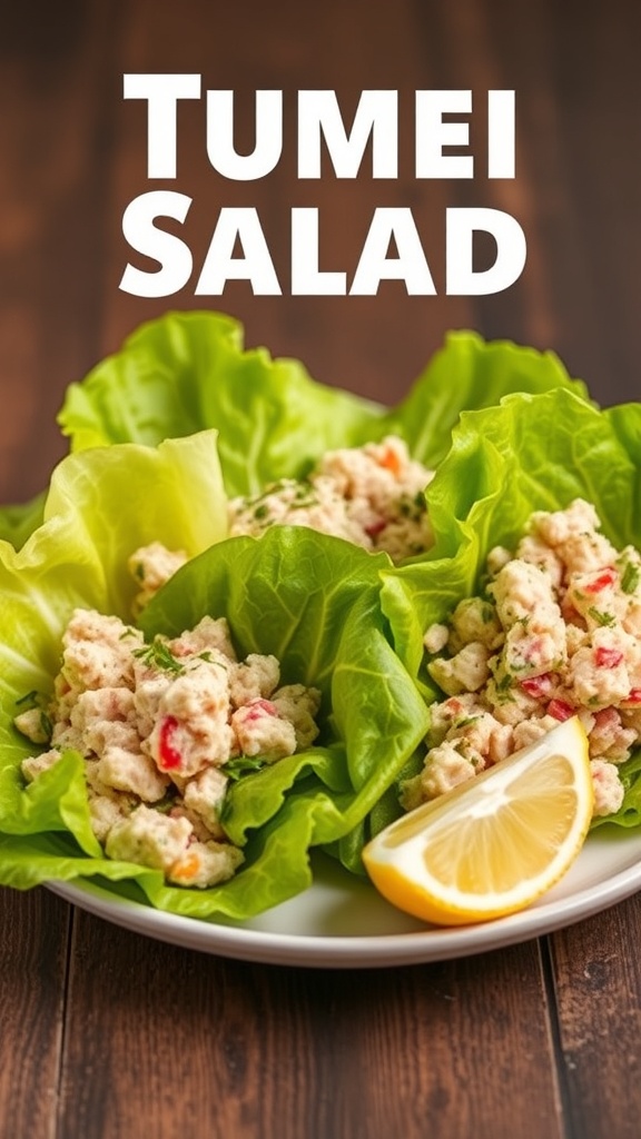 Tuna salad in lettuce wraps with a slice of lemon