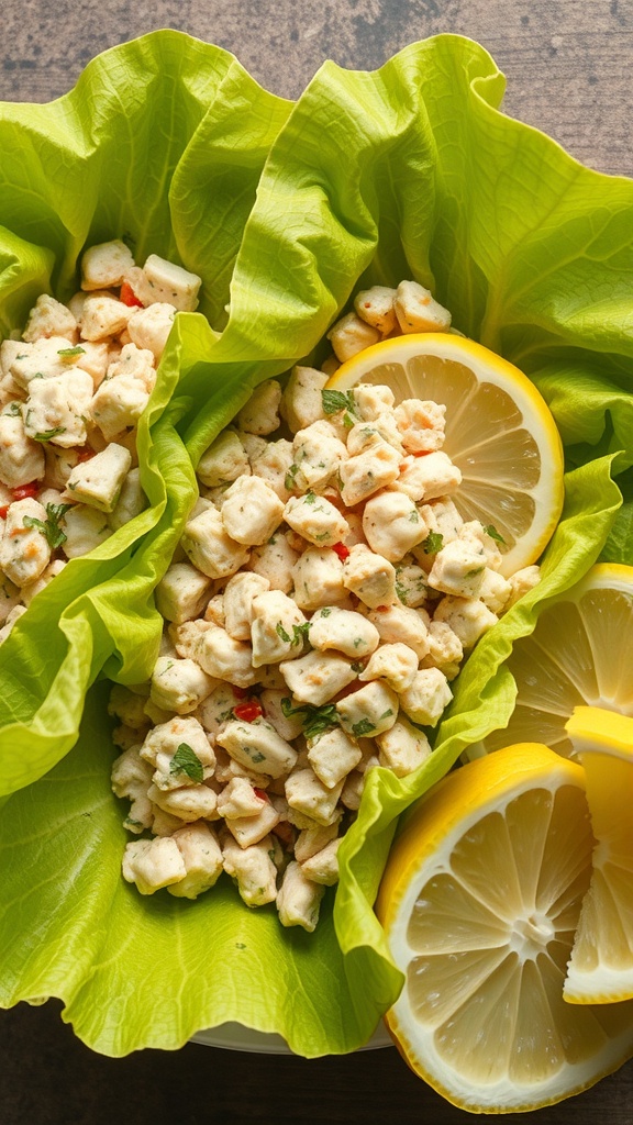 Tuna salad in lettuce wraps with lemon slices