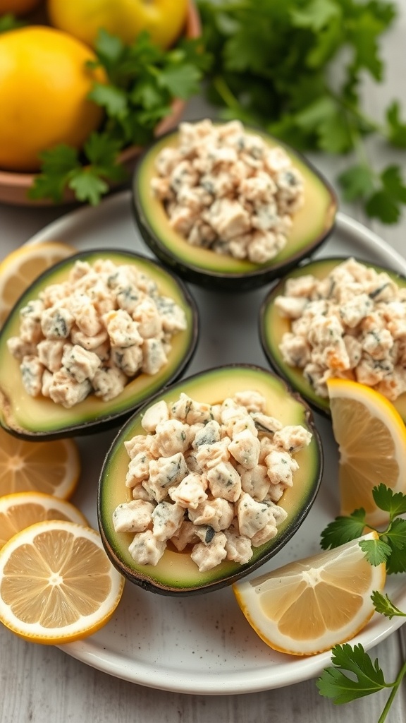 Tuna salad stuffed avocados on a plate with lemon slices and fresh herbs