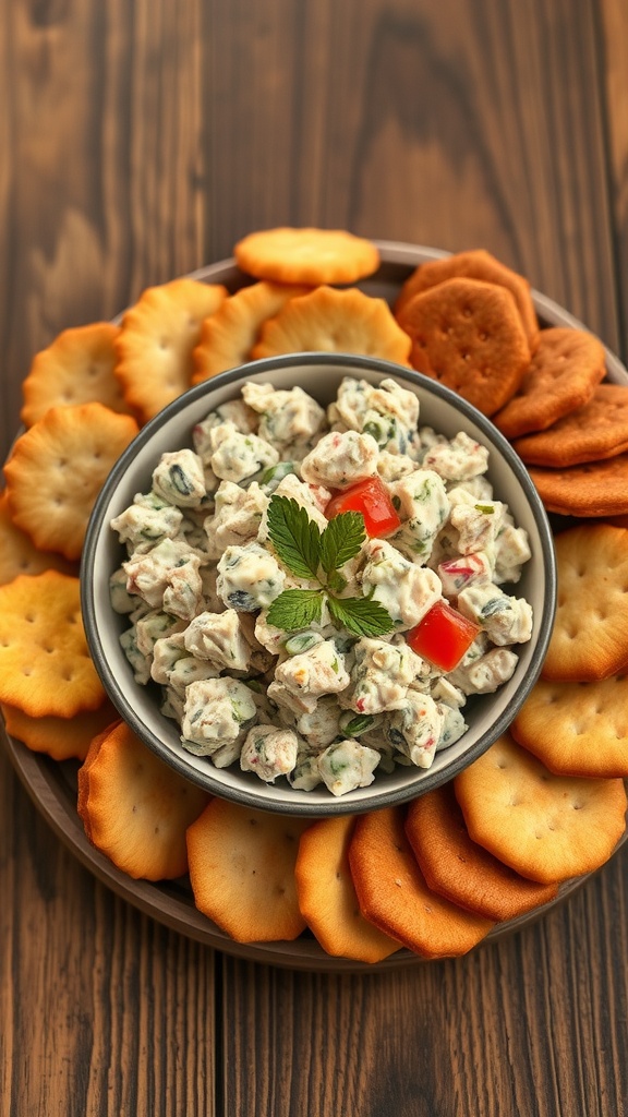 A bowl of tuna salad surrounded by assorted crackers on a wooden platter.