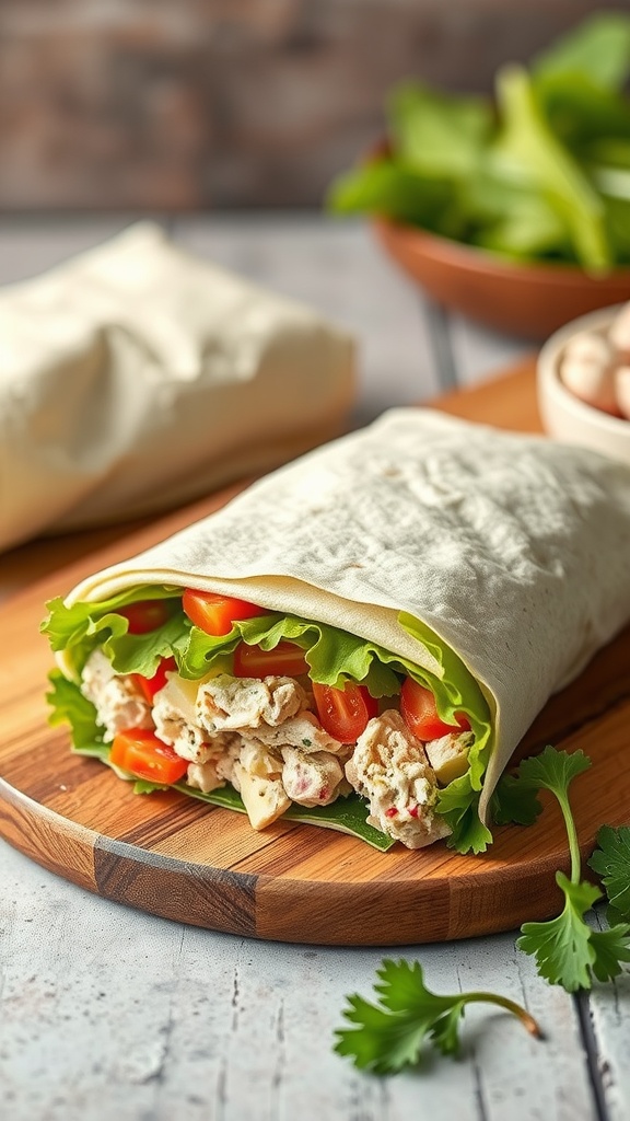 A delicious tuna salad wrap on a wooden board, filled with lettuce, tomatoes, and tuna salad.