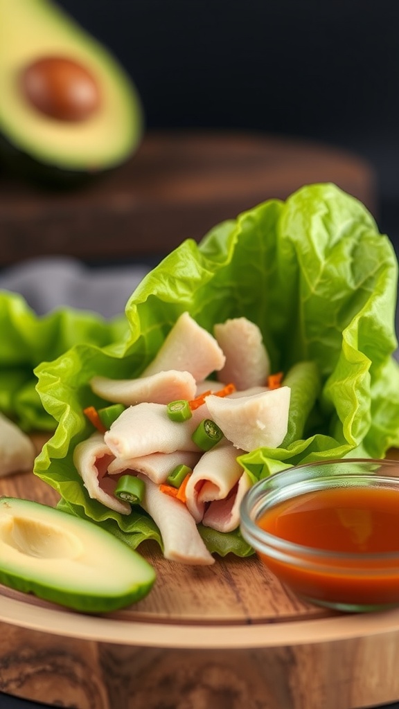 Turkey and avocado wrapped in lettuce leaves with carrots and green onions
