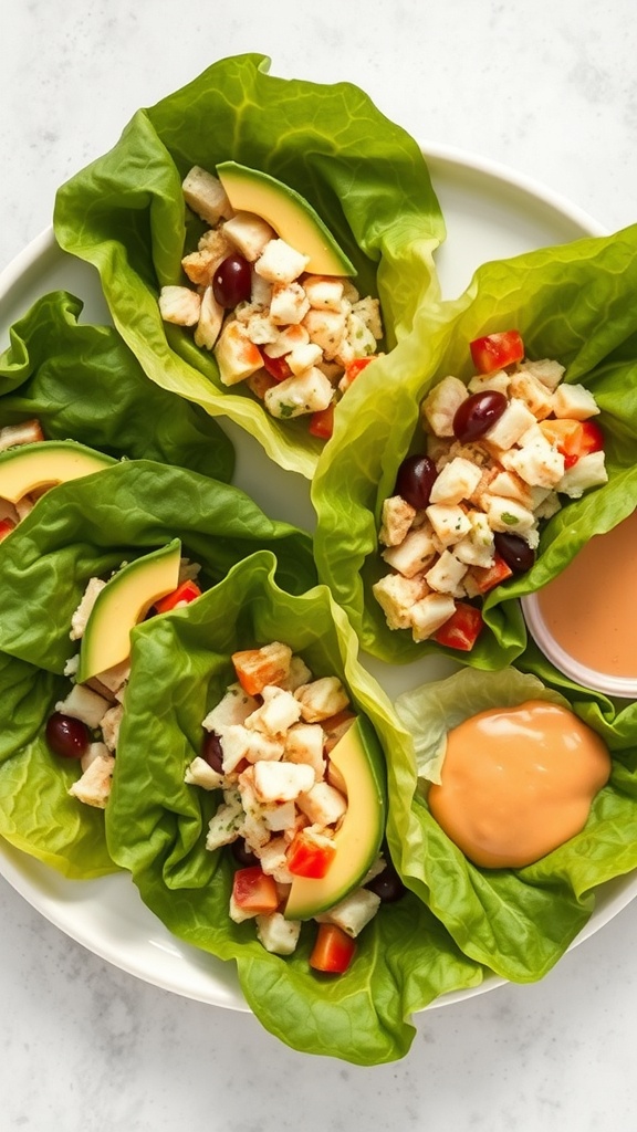 Turkey and avocado lettuce wraps on a plate