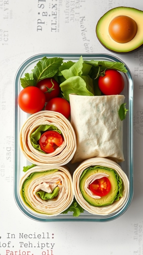 Turkey and Avocado Wrap packed with lettuce and cherry tomatoes
