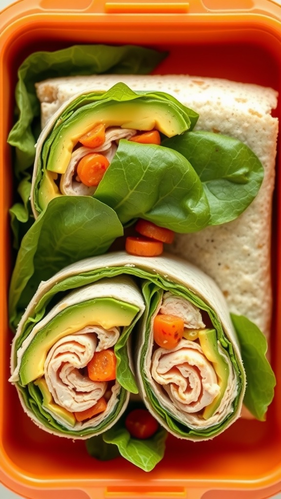 Turkey and avocado wrap with spinach in a lunchbox