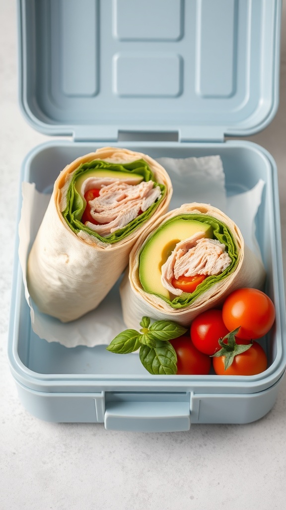 A turkey and avocado wrap on a wooden cutting board, surrounded by fresh ingredients like tomatoes and cilantro.