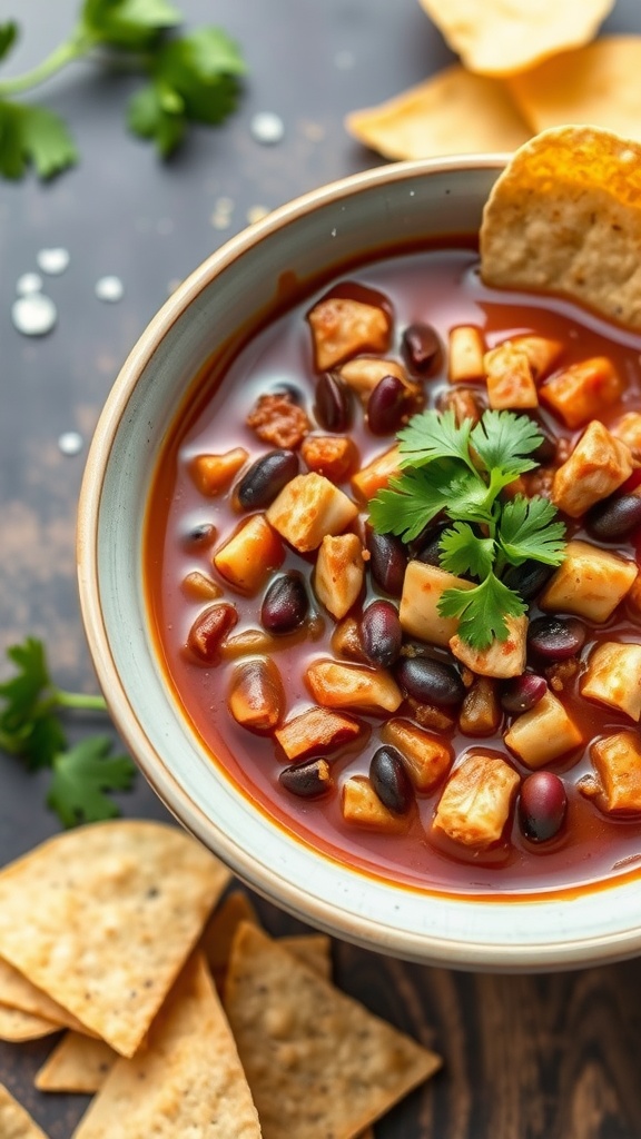 A bowl of turkey and black bean chili garnished with cilantro and served with tortilla chips.