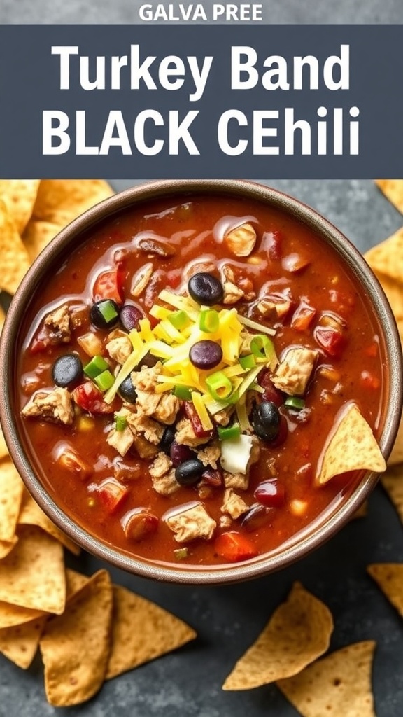 A bowl of turkey and black bean chili topped with cheese and green onions, served with tortilla chips.