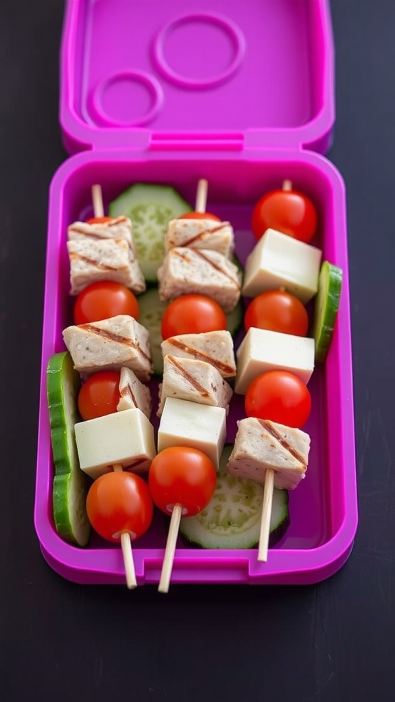 Turkey and cheese kabobs with cherry tomatoes and cucumber in a lunchbox.