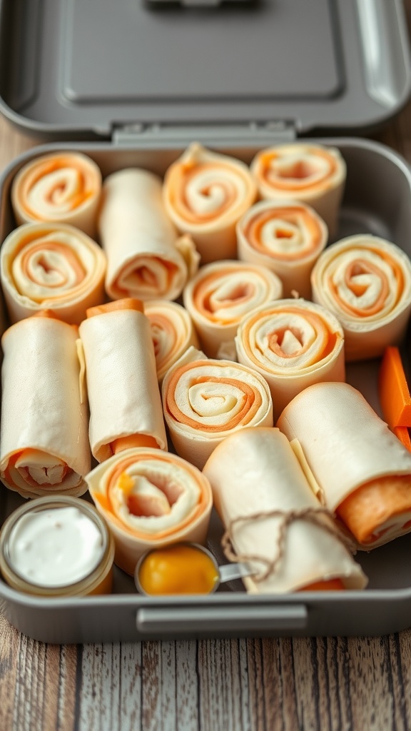 A selection of turkey and cheese roll-ups arranged neatly in a lunchbox.
