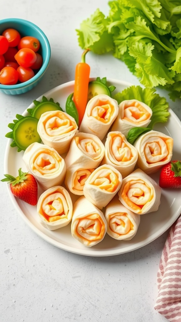 Plate of turkey and cheese roll-ups with fresh vegetables