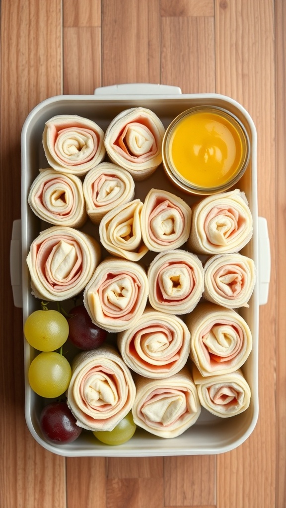 A healthy lunchbox with turkey and cheese roll-ups, grapes, and a small container of dip.