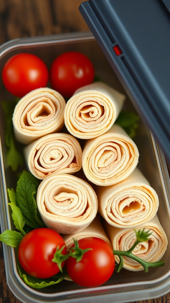 Turkey and cheese roll-ups in a lunchbox with cherry tomatoes