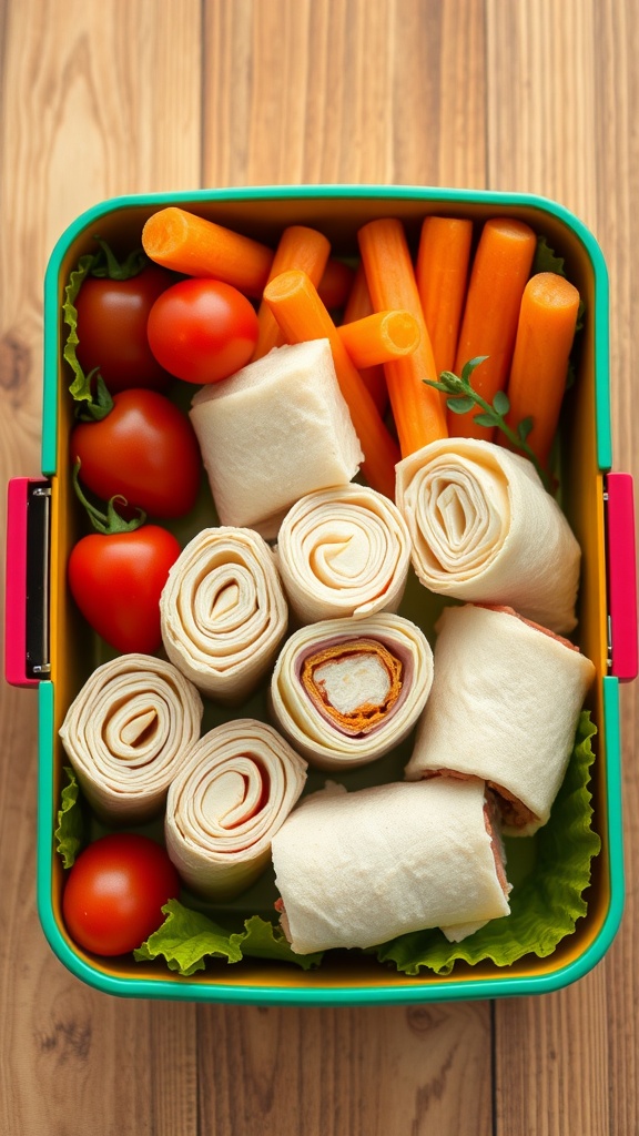 A colorful lunchbox filled with turkey and cheese roll-ups, cherry tomatoes, and carrot sticks.