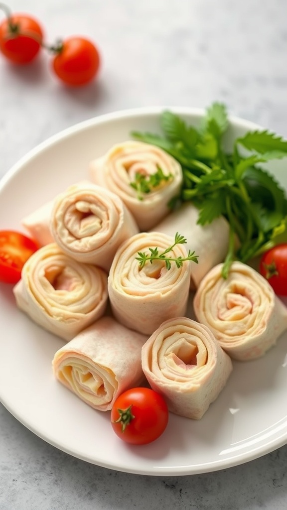 Turkey and cheese roll-ups served with cherry tomatoes and herbs on a plate