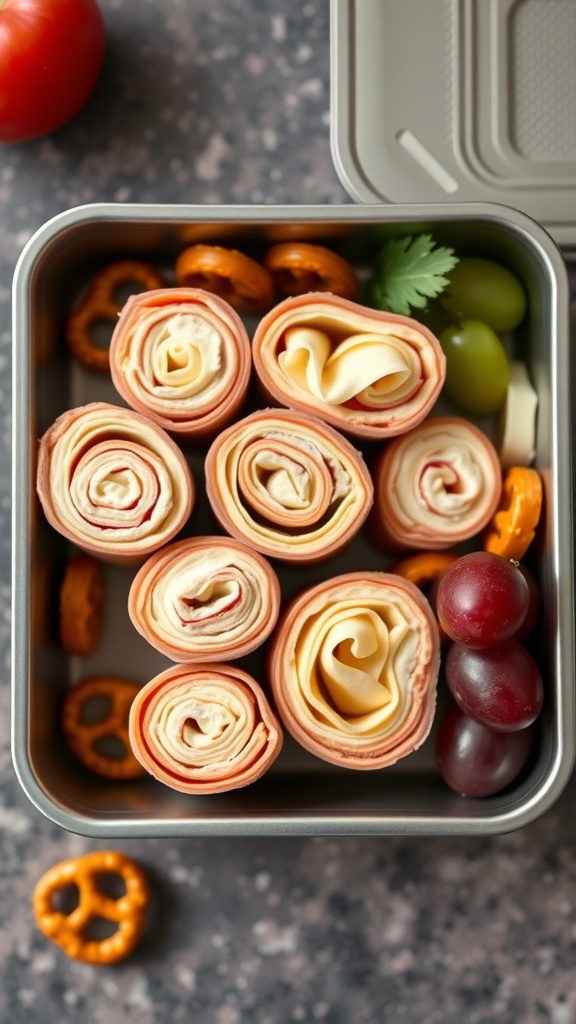 A delicious arrangement of turkey and cheese roll-ups in a lunchbox, paired with pretzels and grapes.