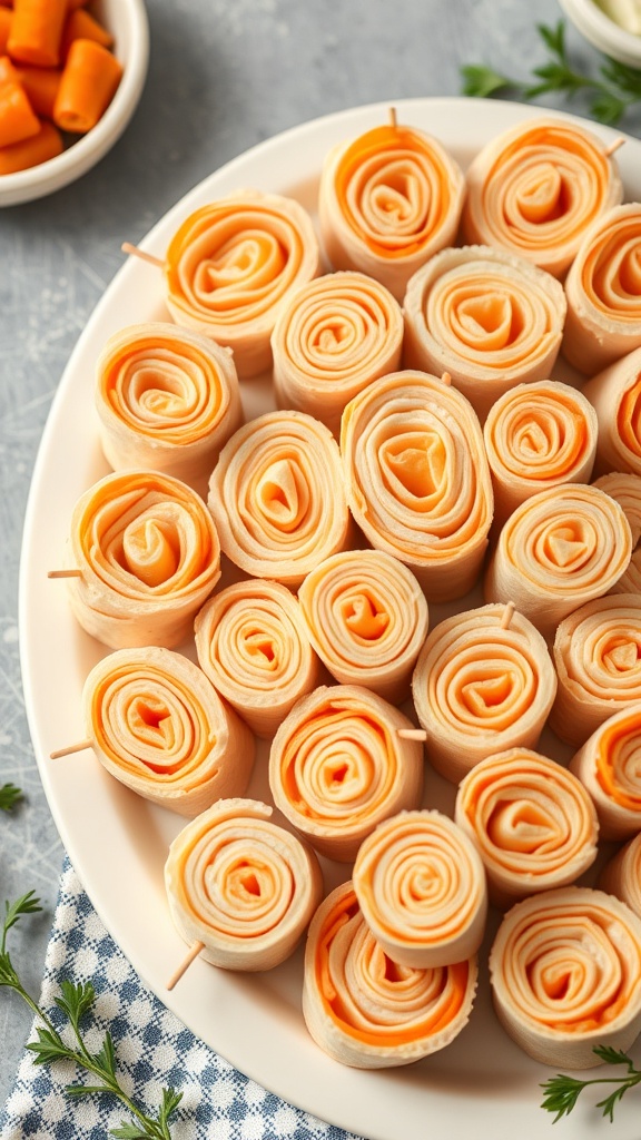 A platter of turkey and cheese roll-ups neatly arranged with toothpicks.