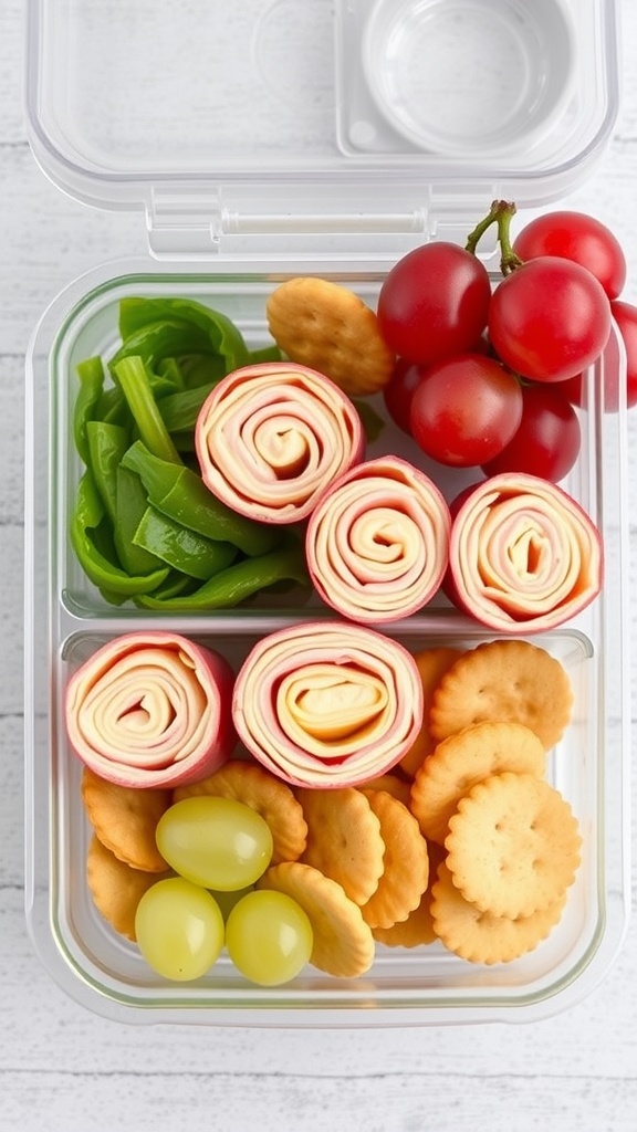 A lunch container filled with turkey and cheese roll-ups, fresh veggies, and crackers.