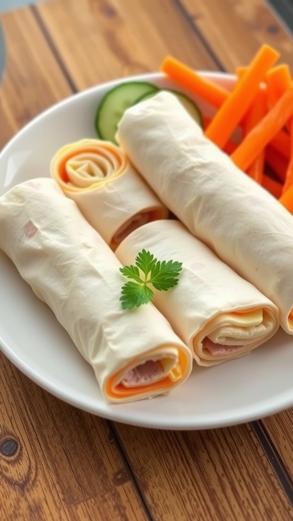 Turkey and cheese roll-ups with fresh veggies on a plate.
