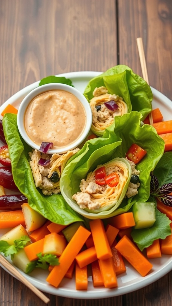 A plate of turkey and hummus lettuce wraps with colorful vegetable sticks.
