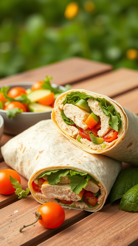 A turkey and hummus wrap cut in half, showcasing colorful vegetables inside, with a side salad.