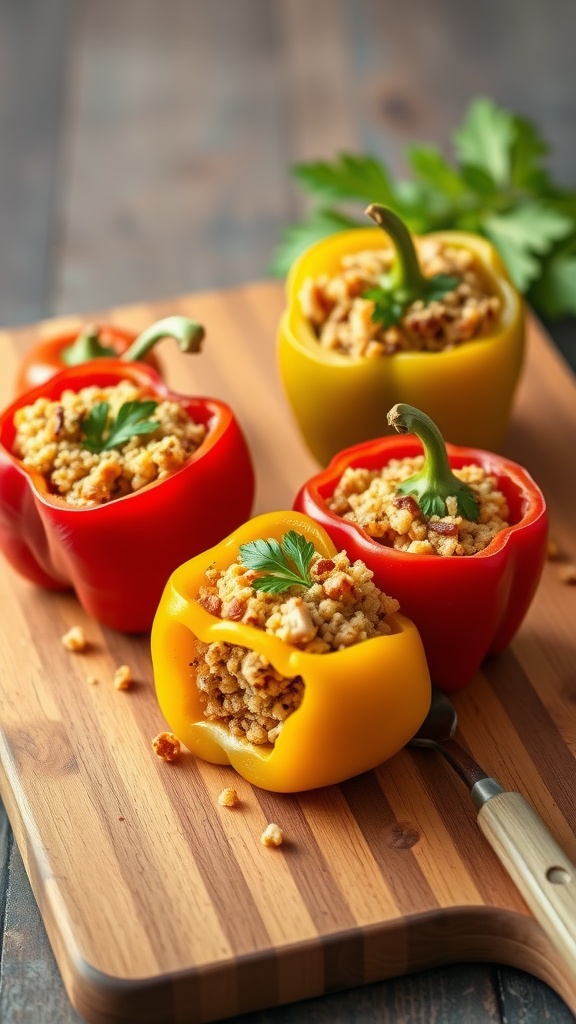 Colorful bell peppers stuffed with a mixture of turkey and quinoa on a wooden cutting board.