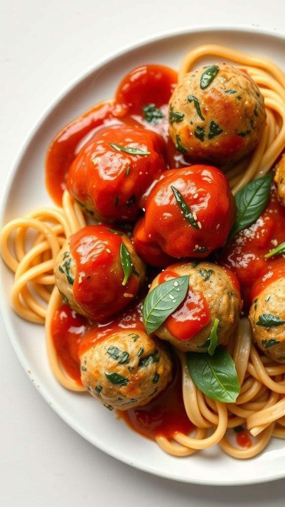 A plate of turkey and spinach meatballs served over spaghetti with marinara sauce and fresh basil.