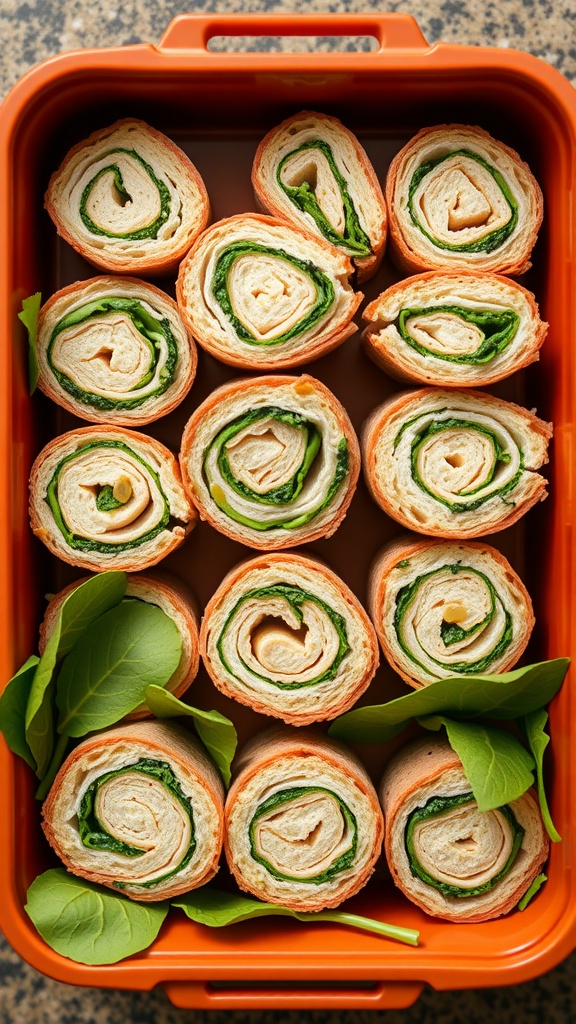 Turkey and spinach pinwheels in a lunchbox