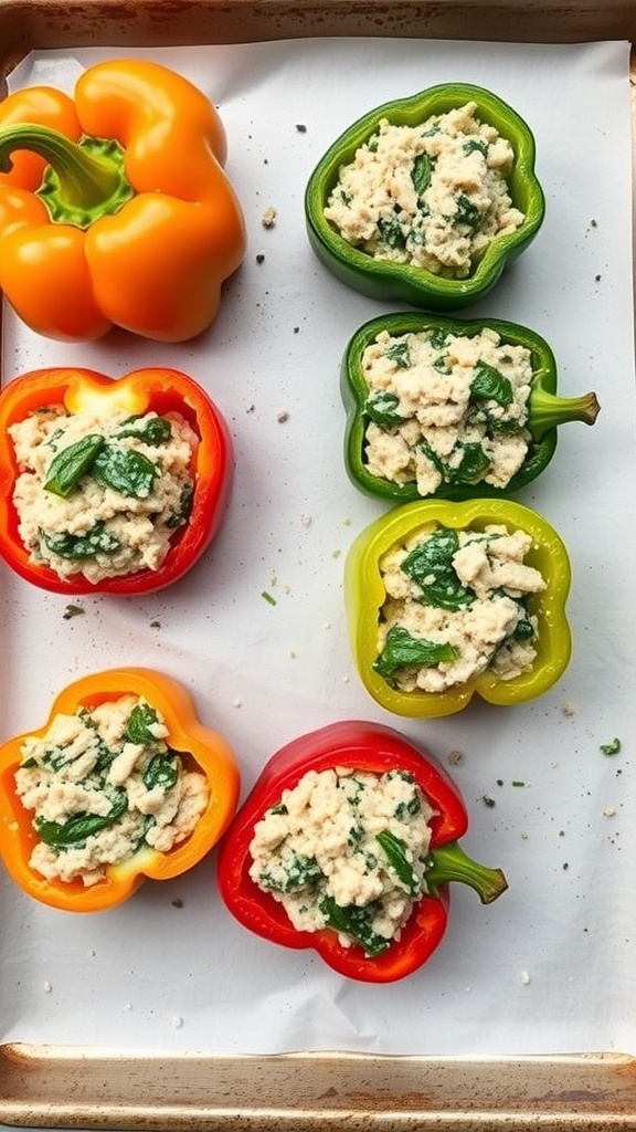 Colorful bell peppers stuffed with turkey and spinach on a baking tray.