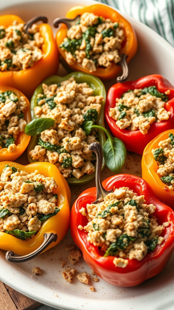 Colorful bell peppers stuffed with turkey and spinach mixture on a plate.
