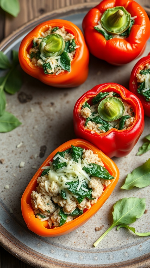 Colorful stuffed peppers filled with turkey and spinach on a plate.