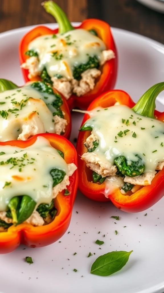 Stuffed bell peppers with turkey and spinach, topped with melted cheese on a white plate.