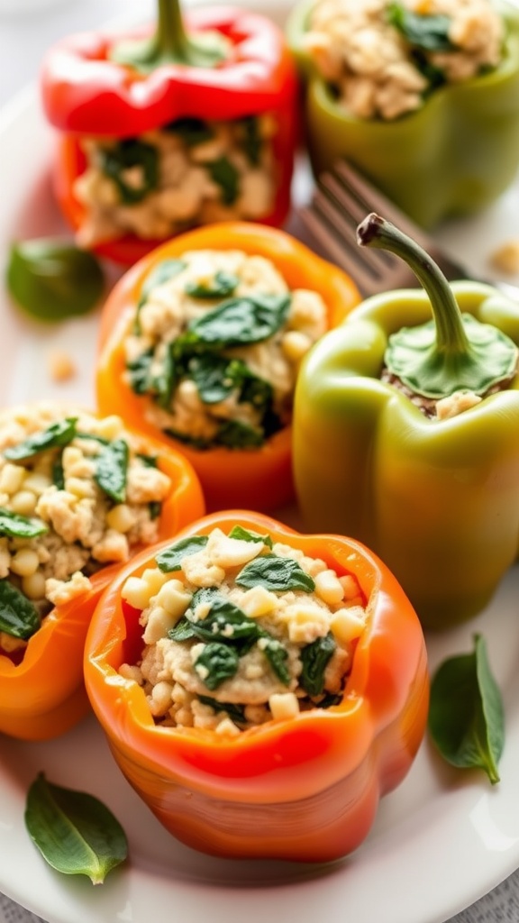 Turkey and spinach stuffed peppers on a plate, showcasing vibrant colors.