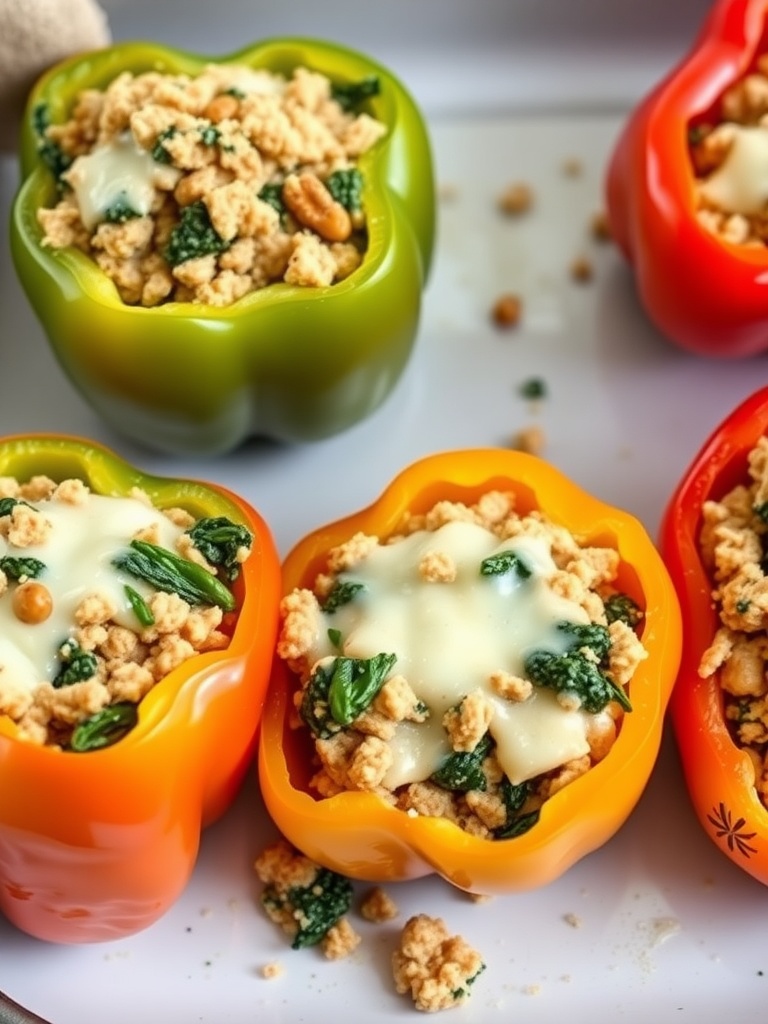 Colorful bell peppers stuffed with turkey and spinach filling, topped with melted cheese.