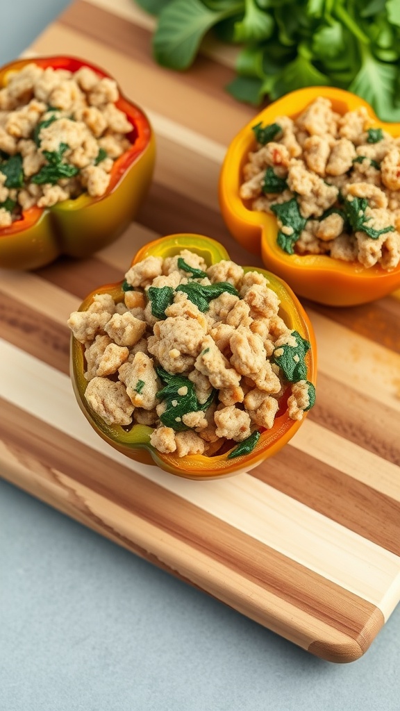 Turkey and spinach stuffed peppers on a wooden cutting board