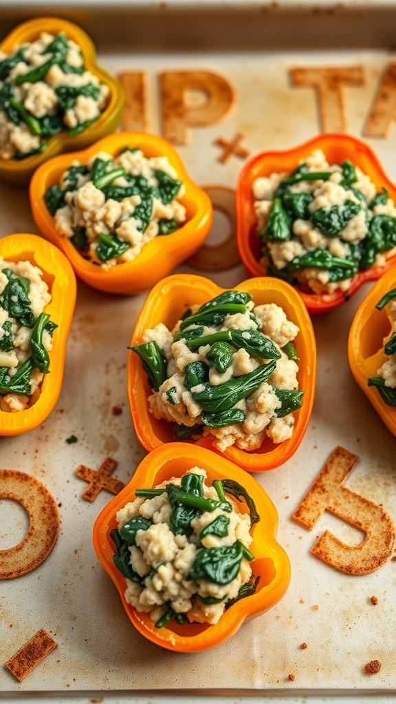 Colorful stuffed peppers filled with turkey and spinach on a baking tray.