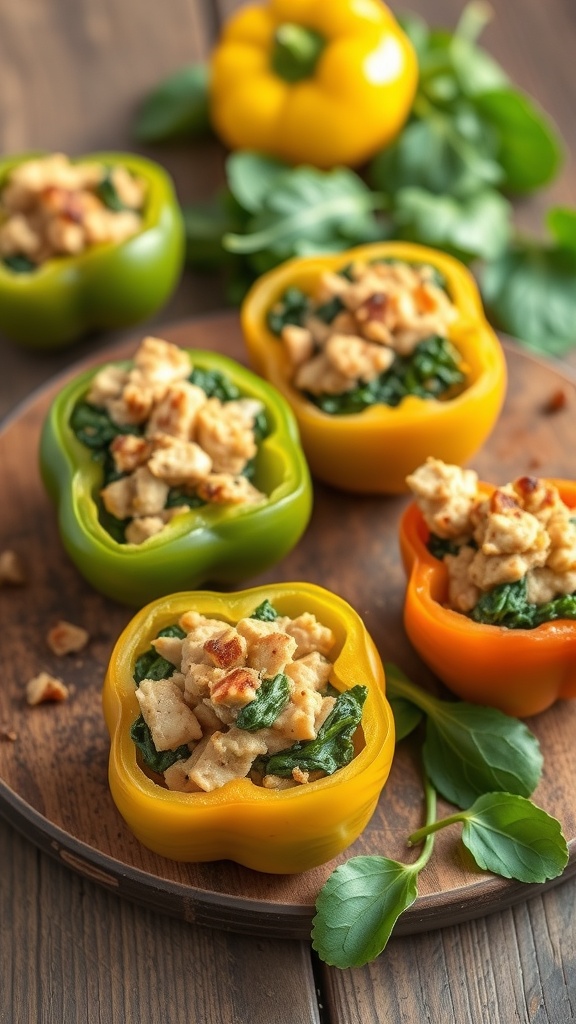 Colorful stuffed peppers filled with turkey and spinach on a wooden platter.