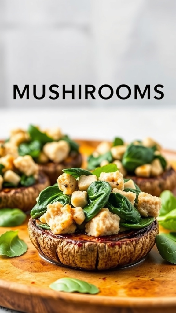 Turkey and spinach stuffed portobello mushrooms on a wooden platter