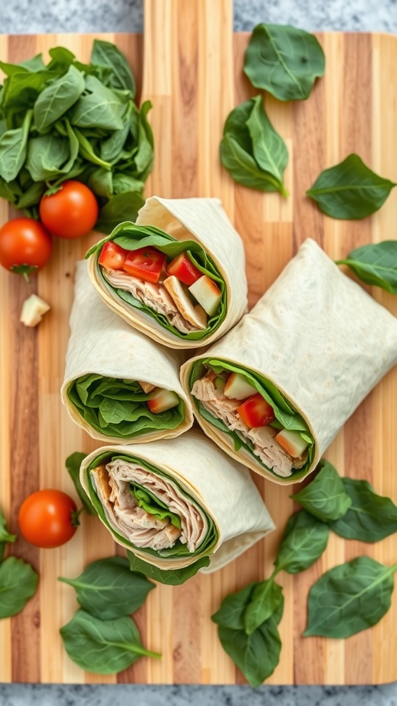 Turkey and spinach wraps with fresh ingredients on a wooden cutting board.