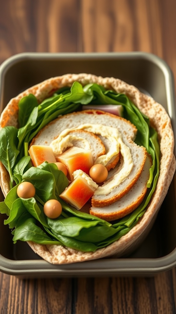 A healthy turkey and spinach wrap with colorful ingredients, ready for a lunchbox.