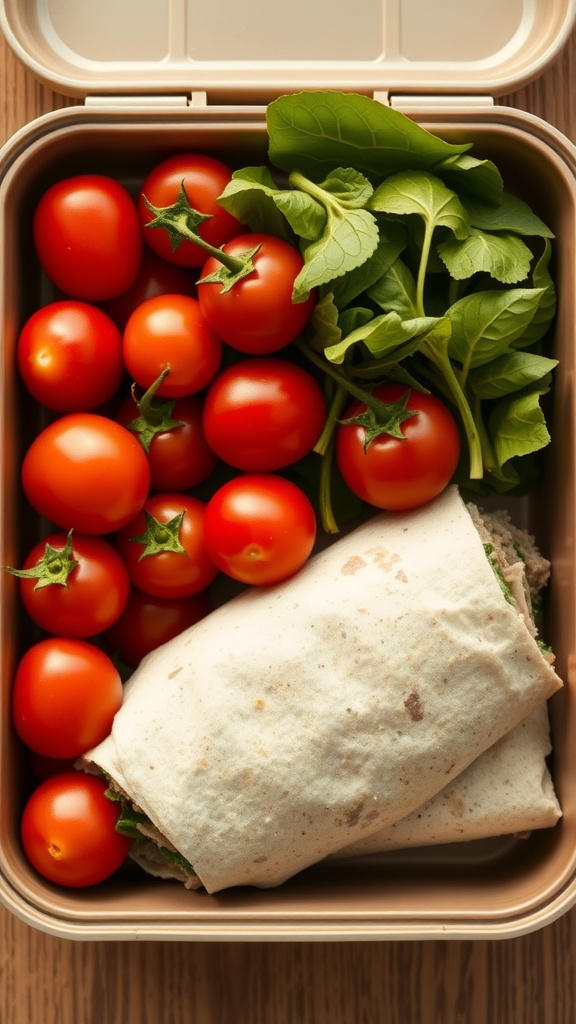 A lunchbox containing turkey and spinach wraps with cherry tomatoes.